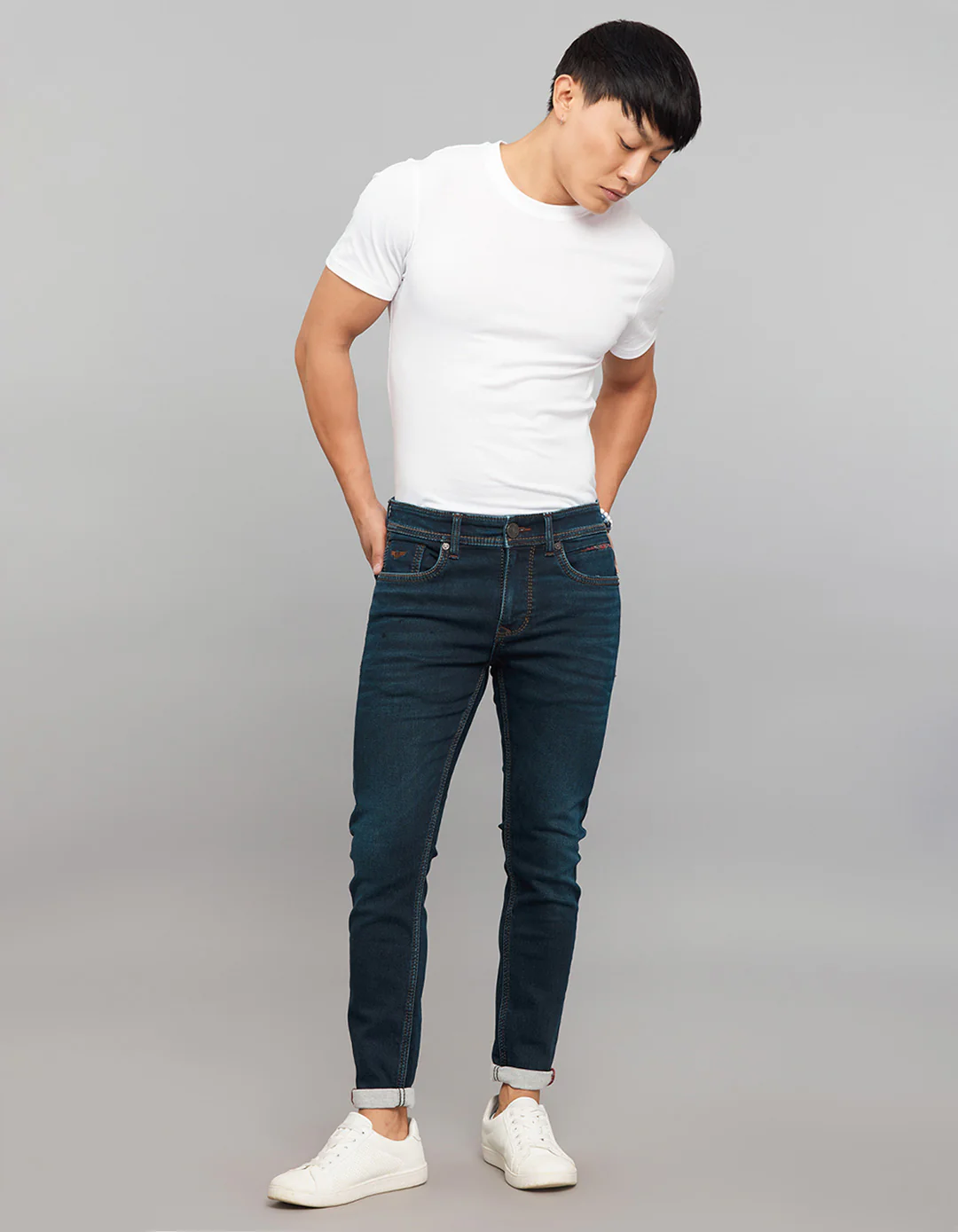 Dark Blue 5 Pocket Low-Rise Tapered Ankle Length Knit Denim Jeans - Image 2