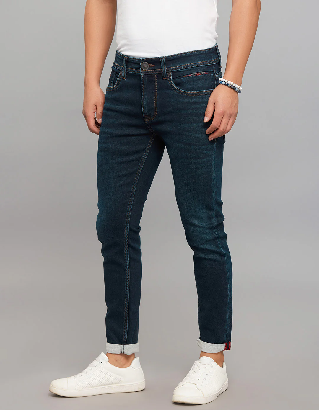 Dark Blue 5 Pocket Low-Rise Tapered Ankle Length Knit Denim Jeans - Image 3