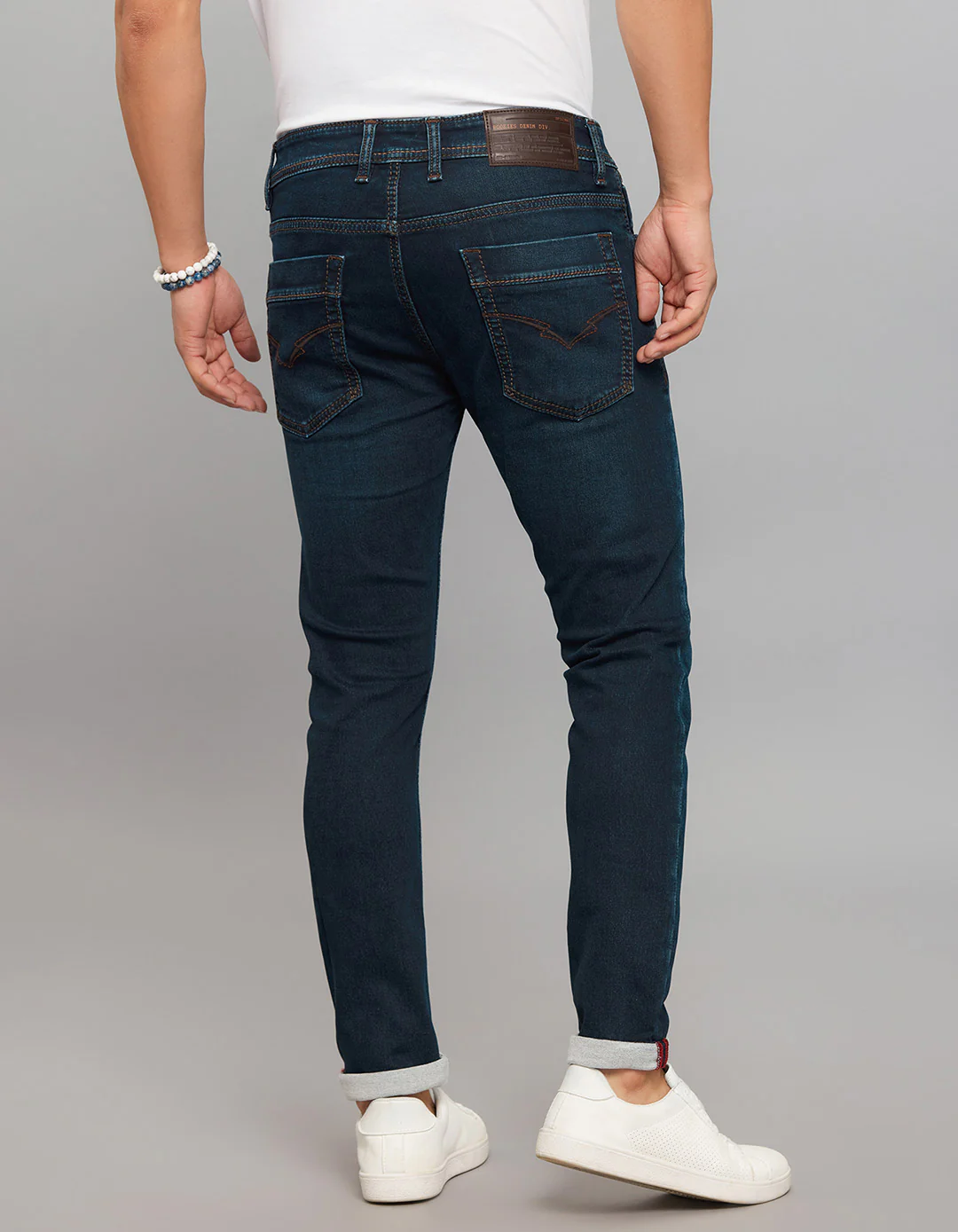 Dark Blue 5 Pocket Low-Rise Tapered Ankle Length Knit Denim Jeans - Image 4
