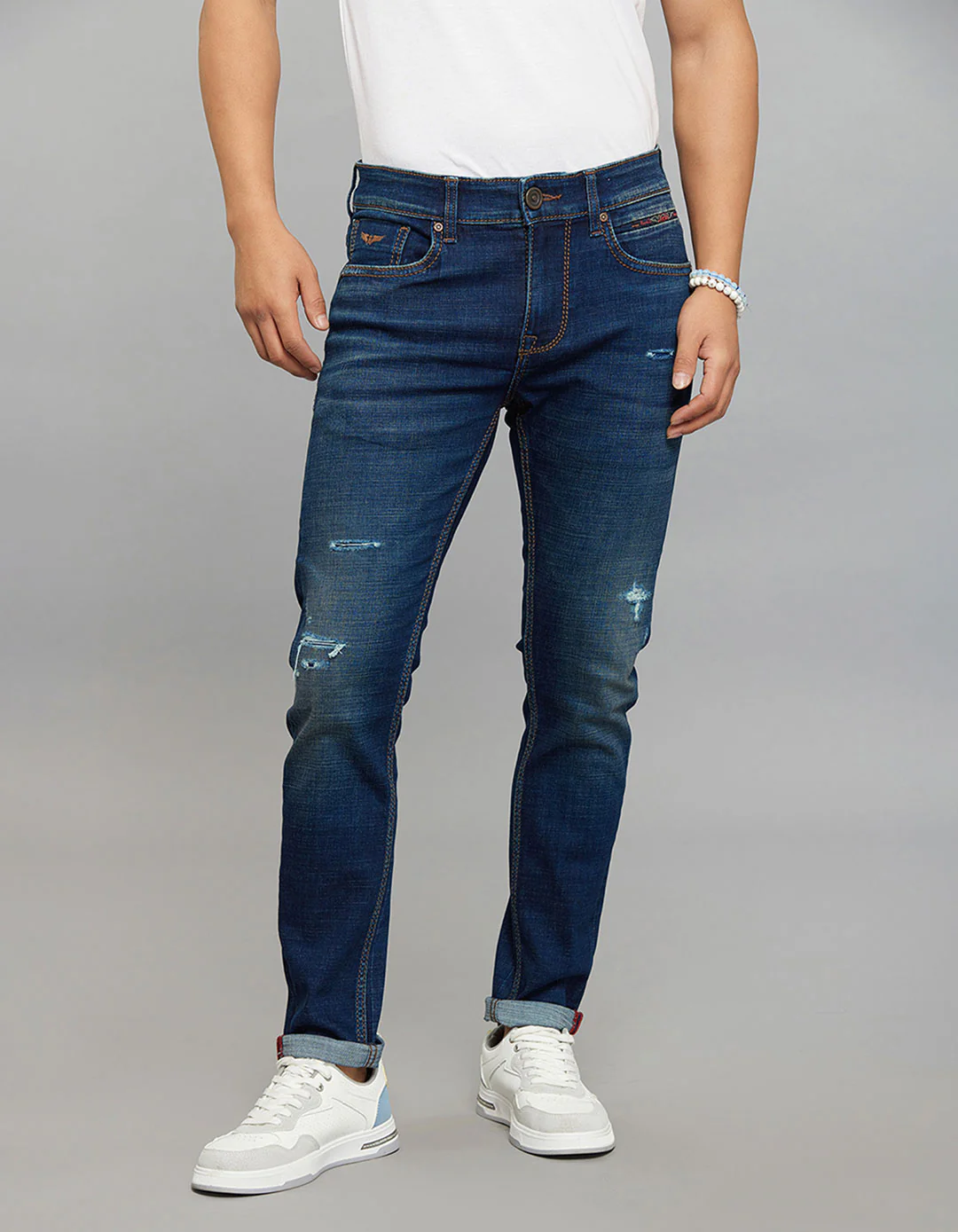 Dark Blue 5 Pocket Low-Rise Tapered Ankle Length Stretch Jeans
