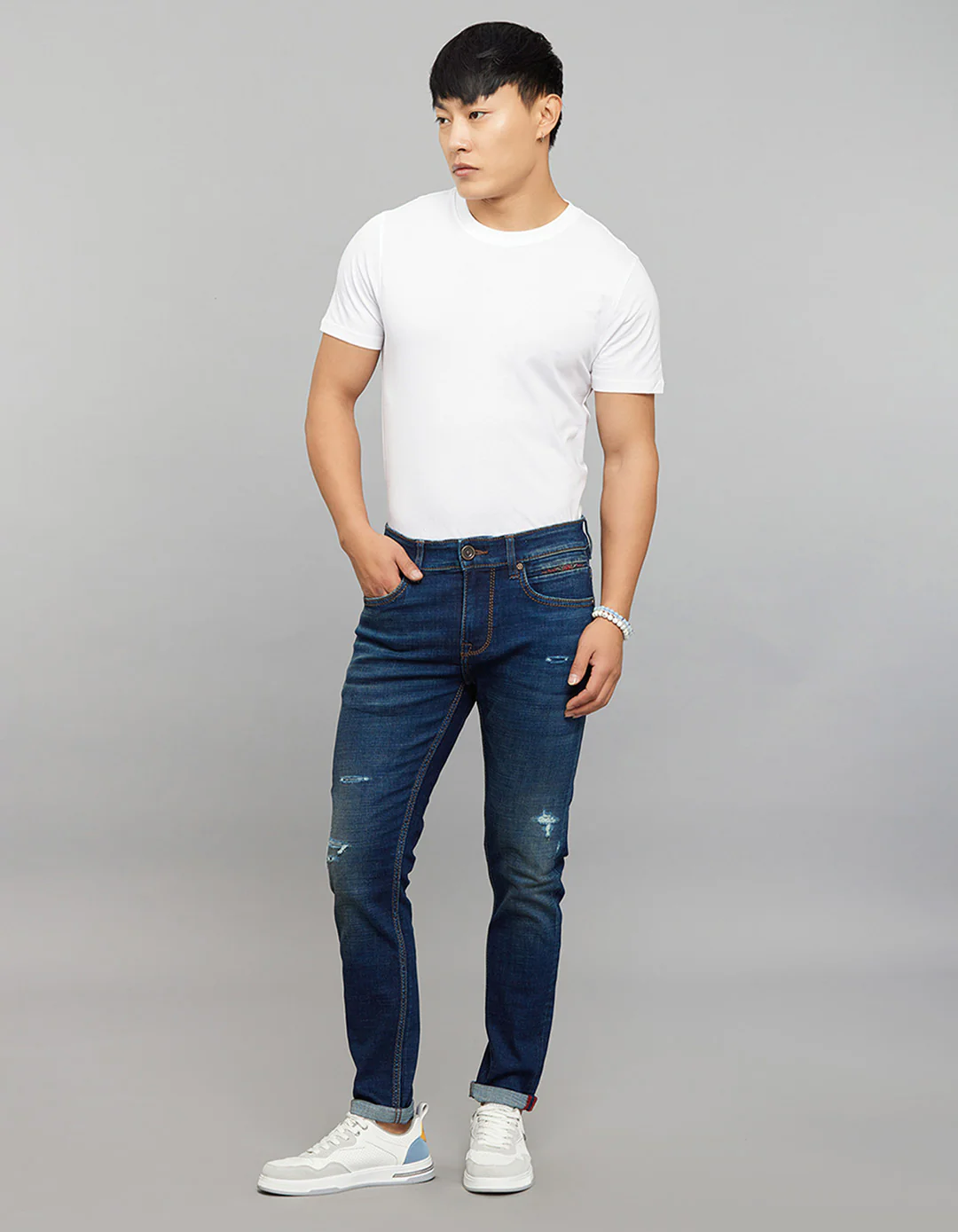 Dark Blue 5 Pocket Low-Rise Tapered Ankle Length Stretch Jeans - Image 2