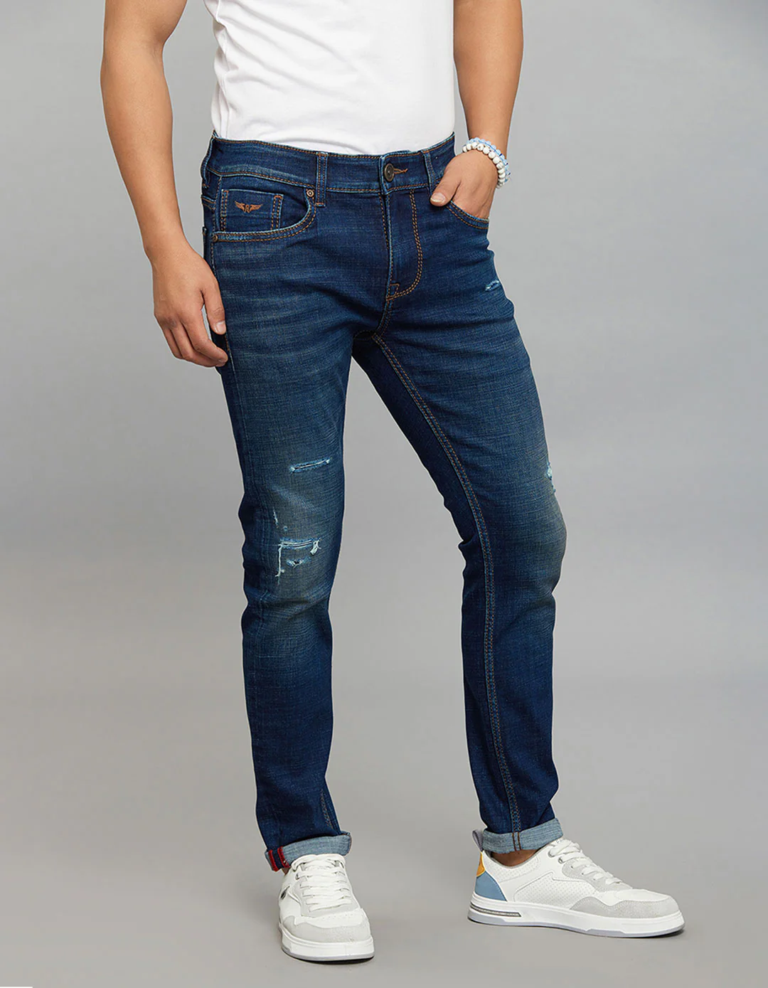 Dark Blue 5 Pocket Low-Rise Tapered Ankle Length Stretch Jeans - Image 3