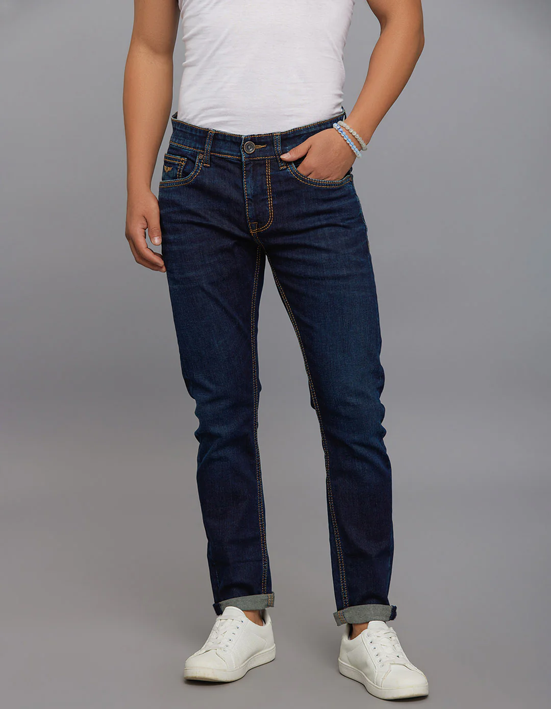 Dark Blue 5 Pocket Low-Rise Tapered Ankle Length Stretch Jeans