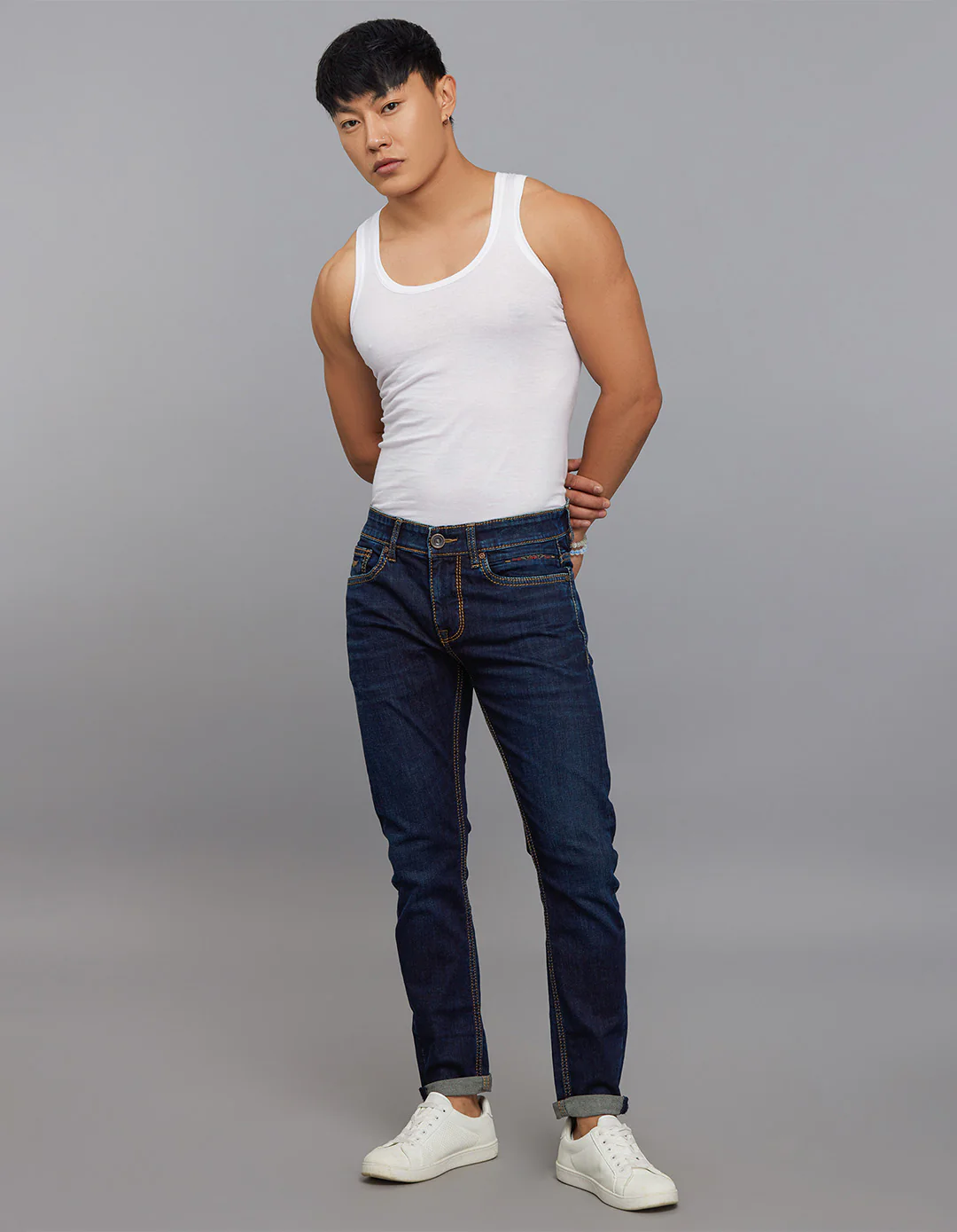 Dark Blue 5 Pocket Low-Rise Tapered Ankle Length Stretch Jeans - Image 2