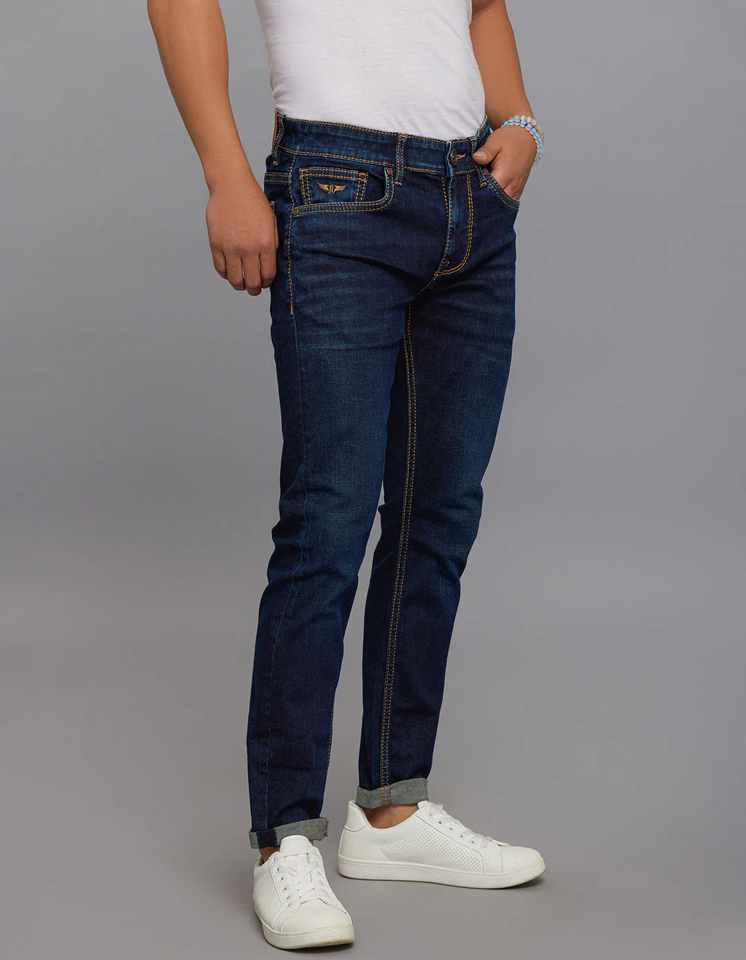 Dark Blue 5 Pocket Low-Rise Tapered Ankle Length Stretch Jeans - Image 4