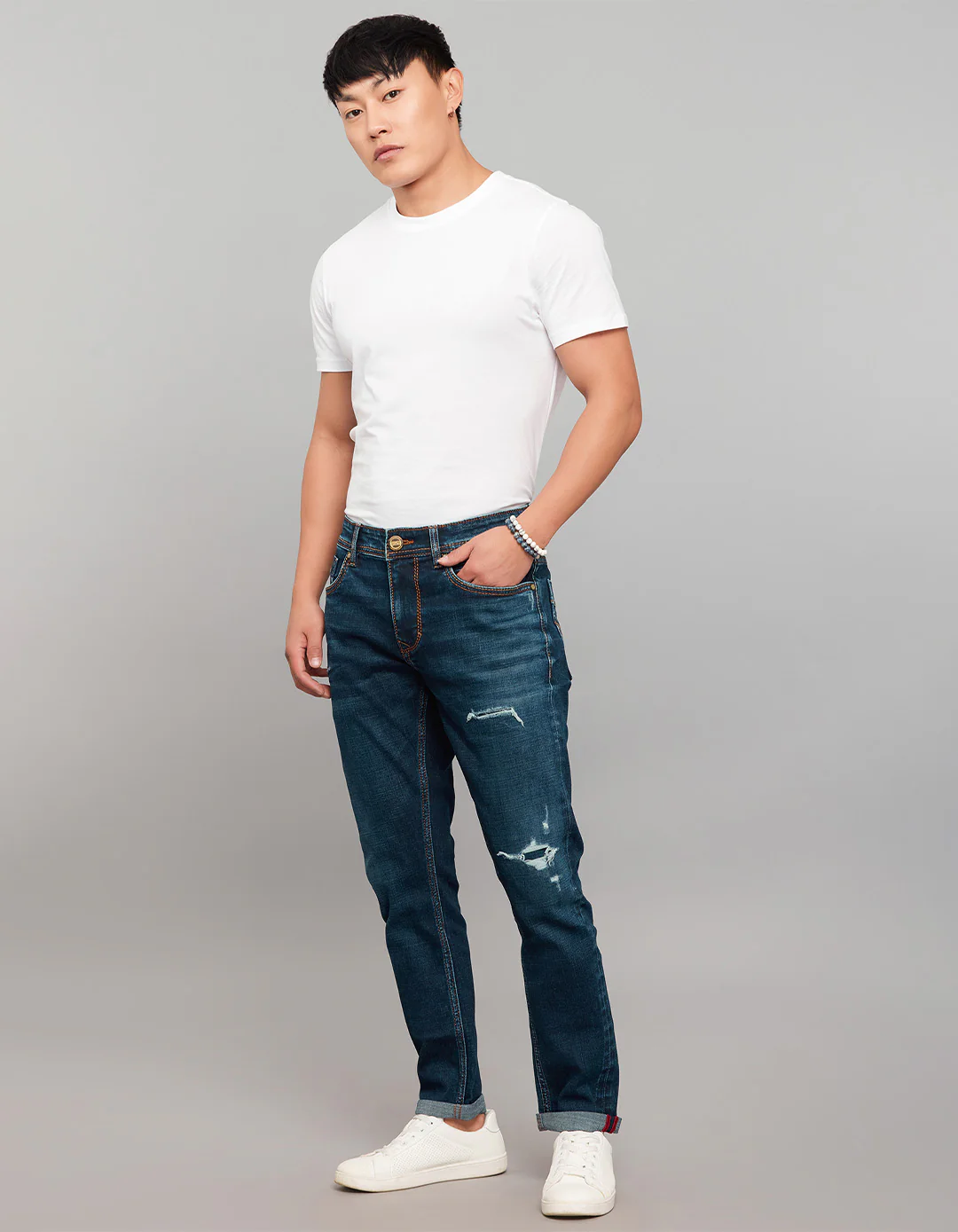 Dark Blue 5 Pocket Low-Rise Tapered Ankle Length Stretch Jeans - Image 2