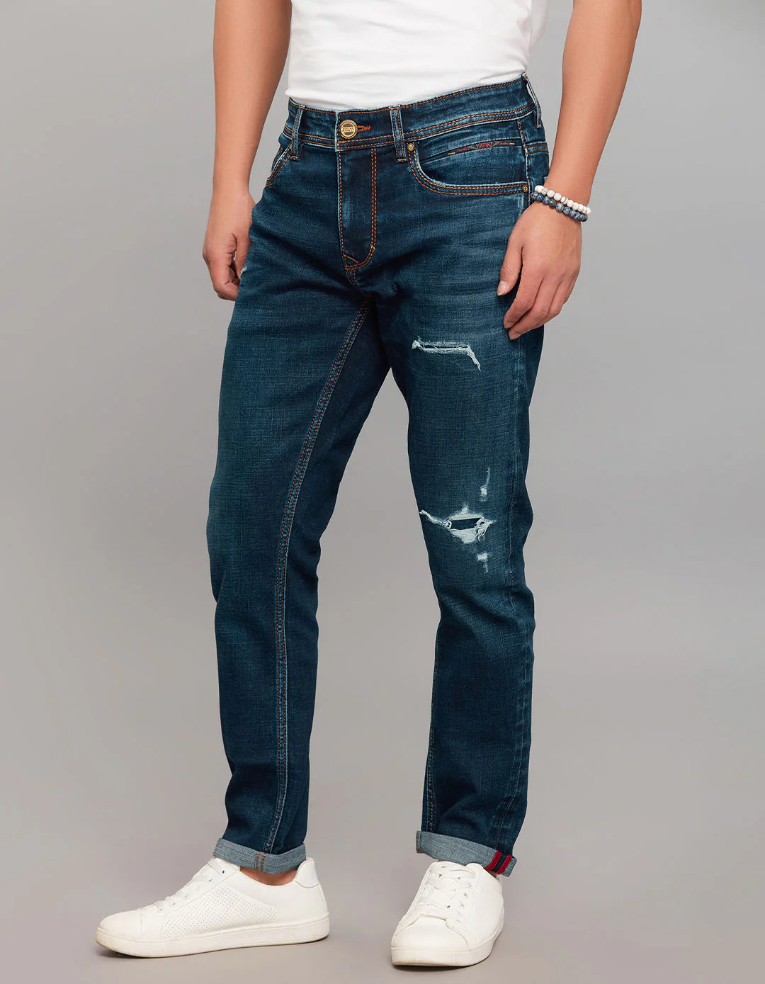Dark Blue 5 Pocket Low-Rise Tapered Ankle Length Stretch Jeans - Image 3