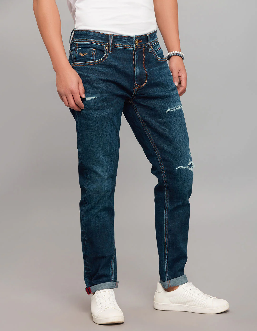Dark Blue 5 Pocket Low-Rise Tapered Ankle Length Stretch Jeans - Image 4