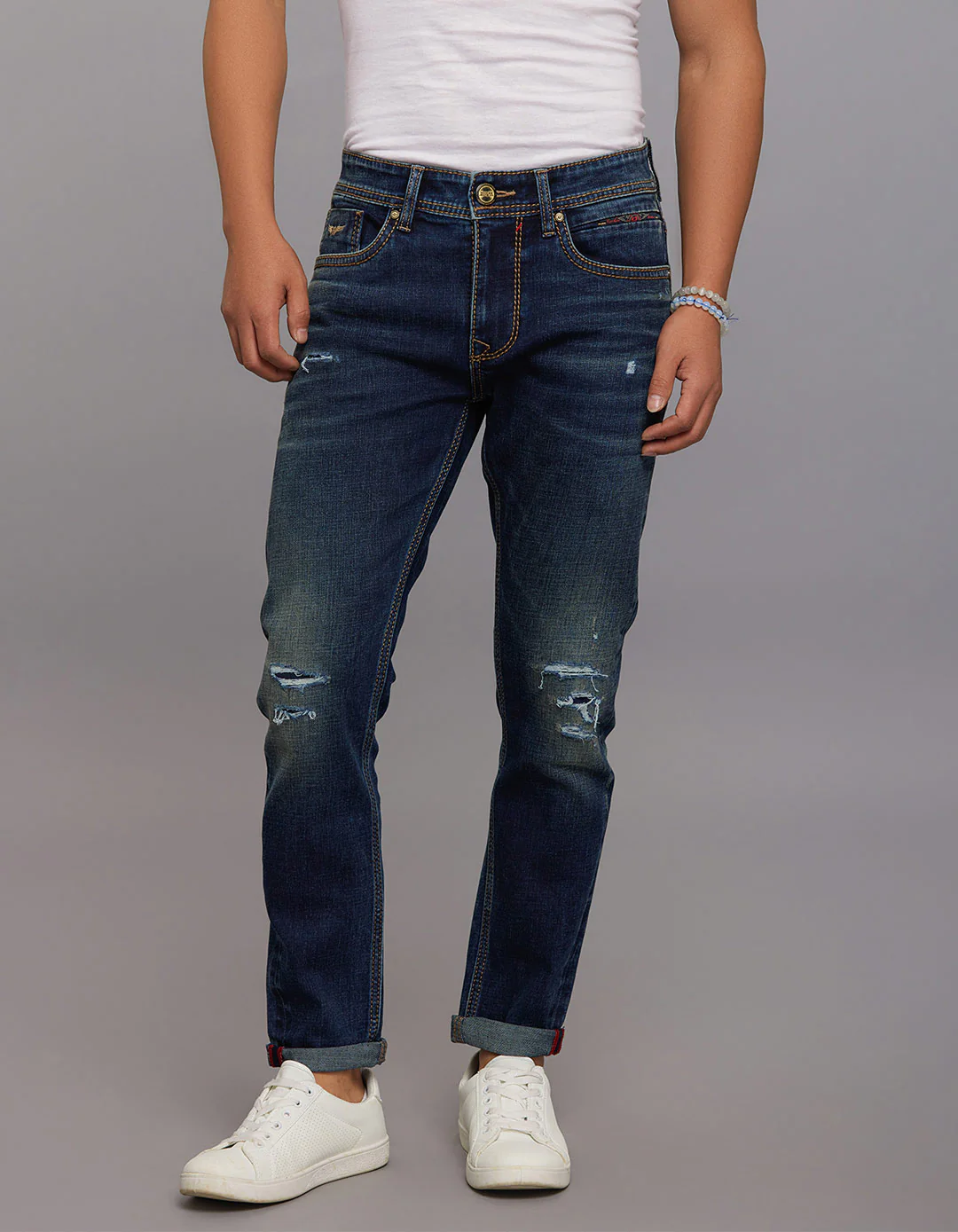 Dark Blue 5 Pocket Low-Rise Tapered Ankle Length Stretch Jeans
