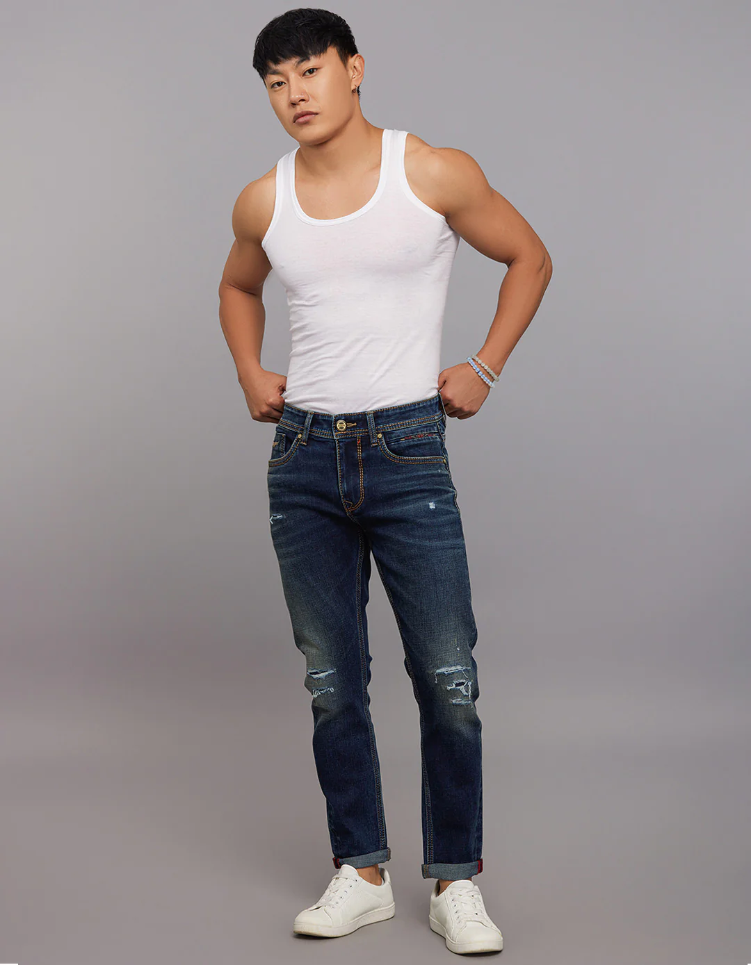 Dark Blue 5 Pocket Low-Rise Tapered Ankle Length Stretch Jeans - Image 2
