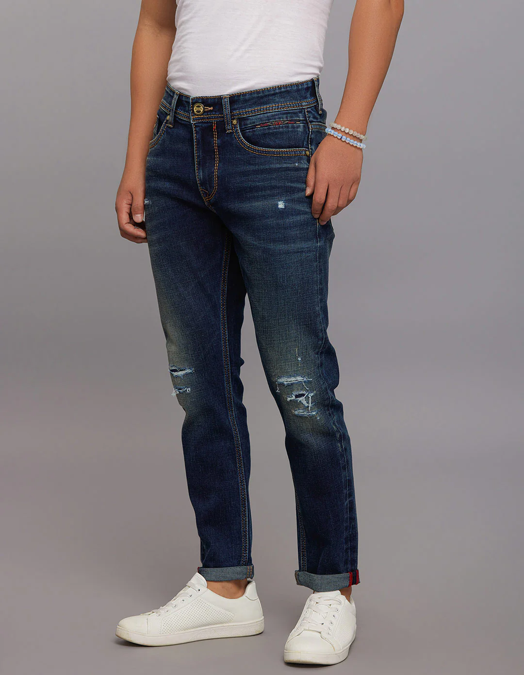 Dark Blue 5 Pocket Low-Rise Tapered Ankle Length Stretch Jeans - Image 3