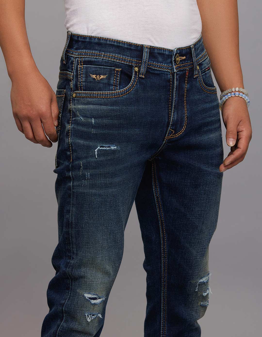 Dark Blue 5 Pocket Low-Rise Tapered Ankle Length Stretch Jeans - Image 4