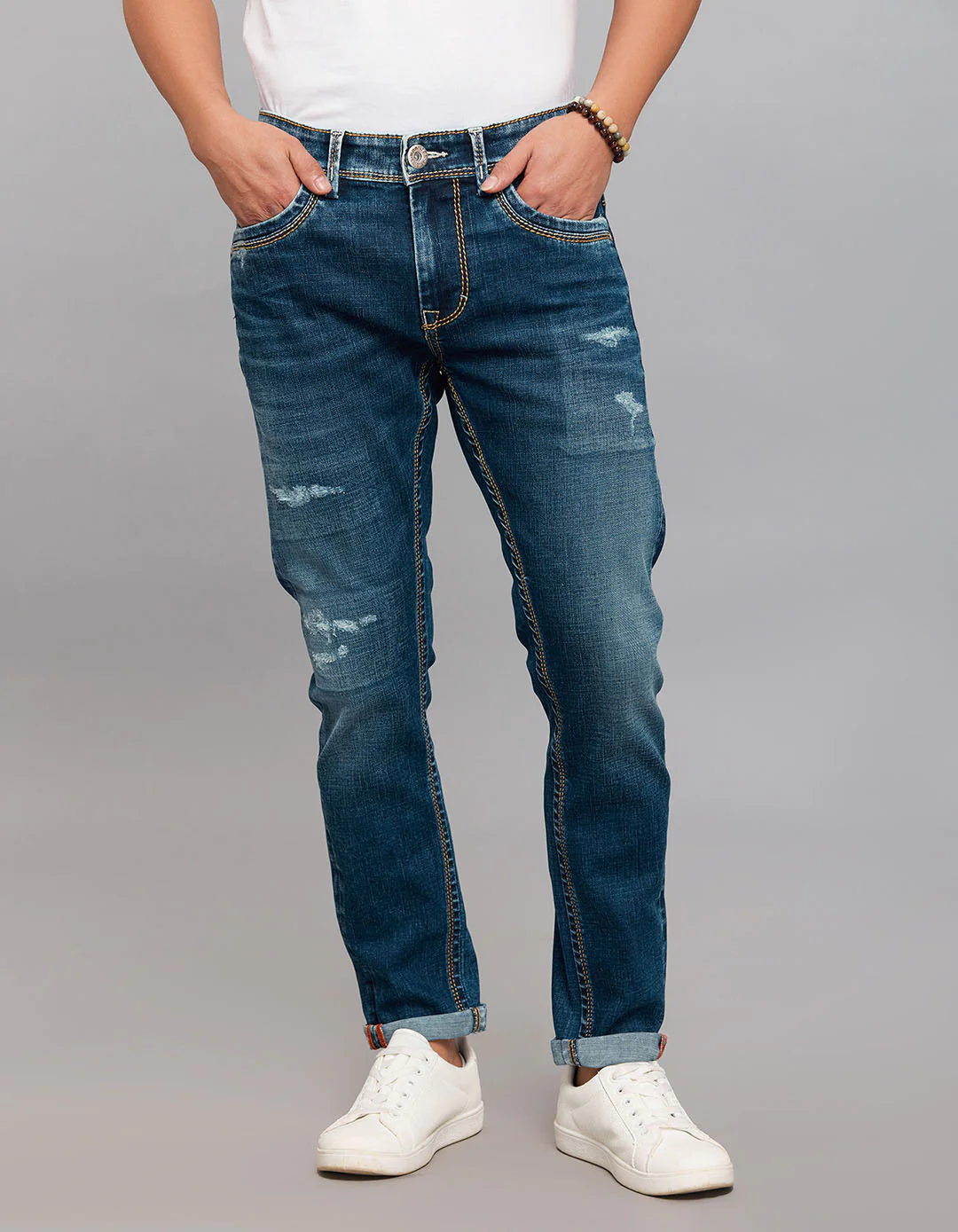 Dark Blue 5 Pocket Low-Rise Tapered Ankle Length Stretch Jeans