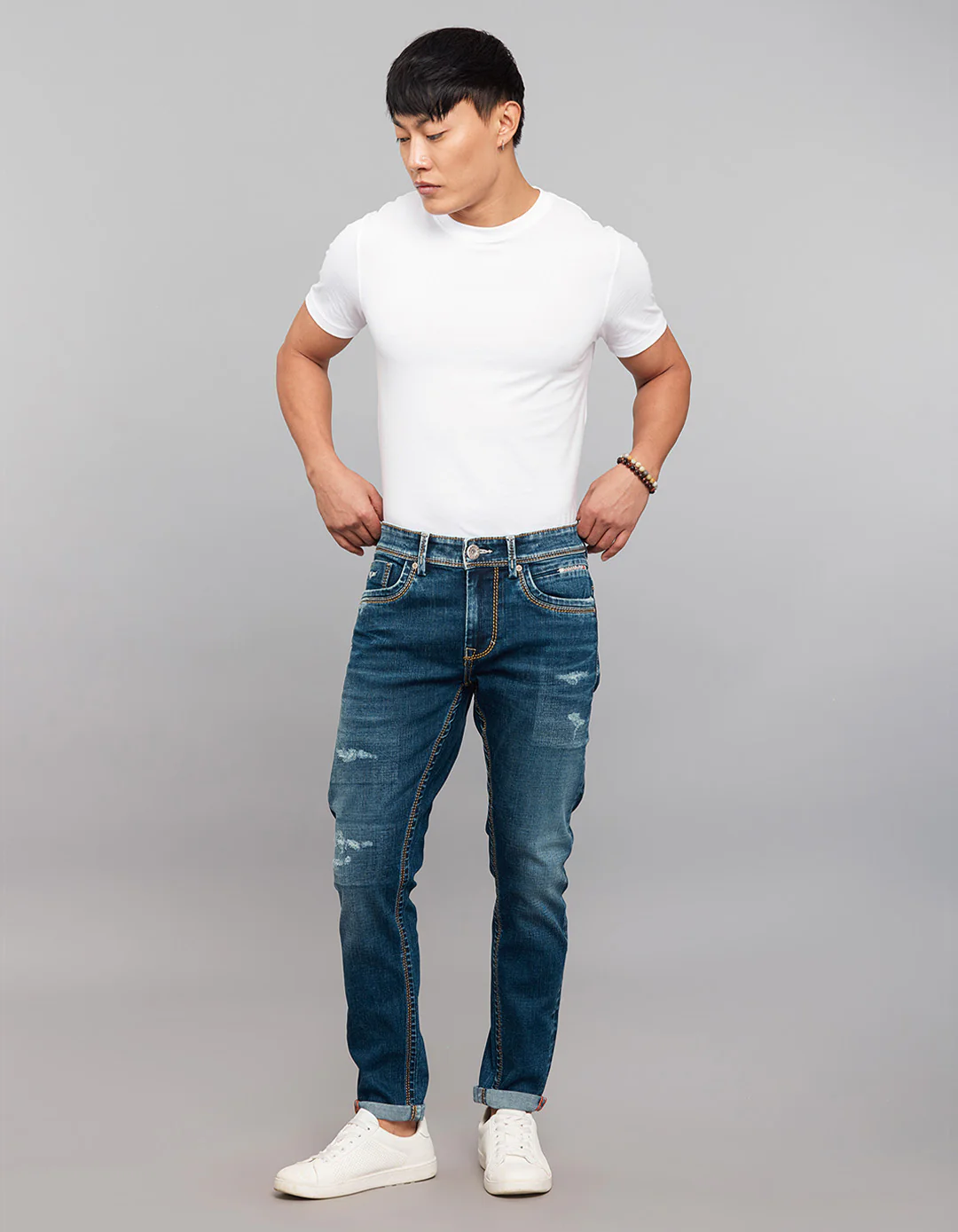 Dark Blue 5 Pocket Low-Rise Tapered Ankle Length Stretch Jeans - Image 2