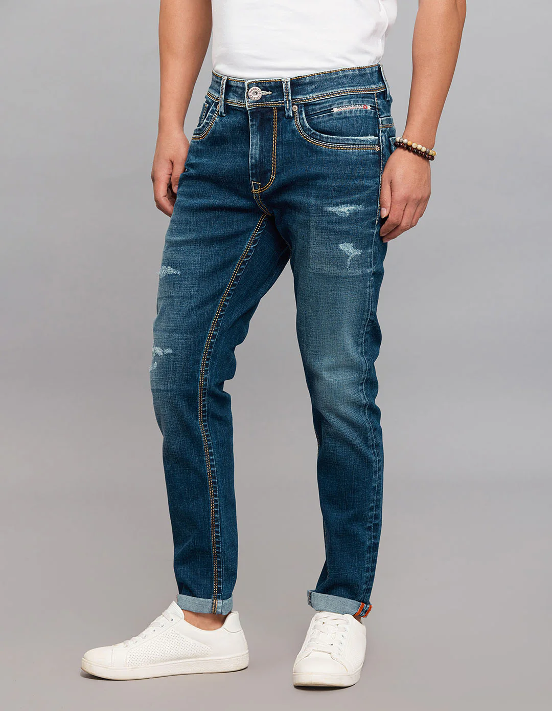 Dark Blue 5 Pocket Low-Rise Tapered Ankle Length Stretch Jeans - Image 3