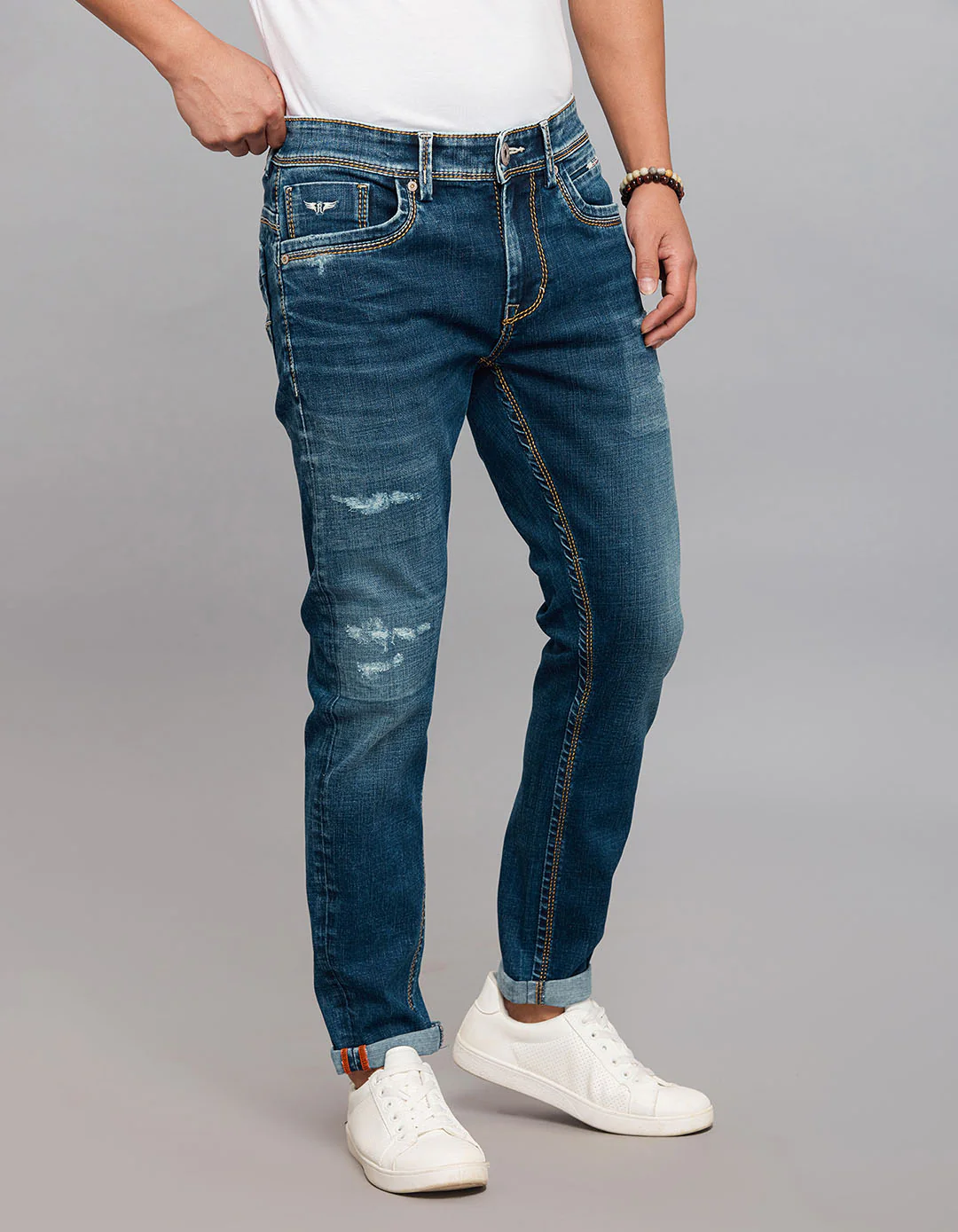 Dark Blue 5 Pocket Low-Rise Tapered Ankle Length Stretch Jeans - Image 4
