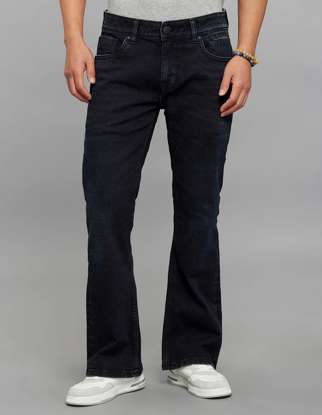 Dark Blue 5 Pocket Mid Rise Cropped length Loose Boot Leg Stretch Jeans