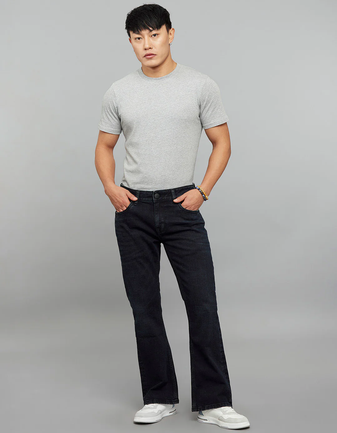 Dark Blue 5 Pocket Mid Rise Cropped length Loose Boot Leg Stretch Jeans - Image 2