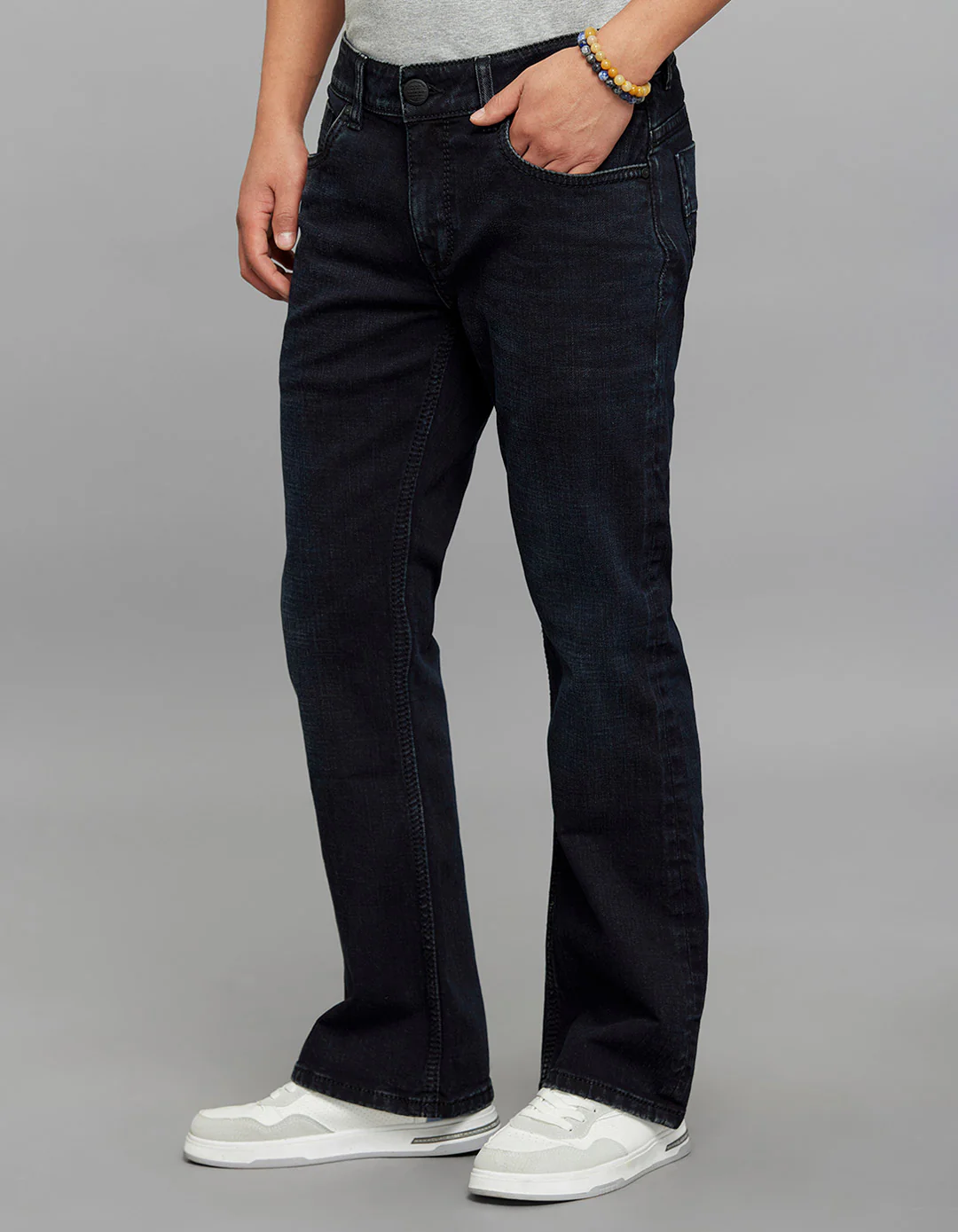 Dark Blue 5 Pocket Mid Rise Cropped length Loose Boot Leg Stretch Jeans - Image 3
