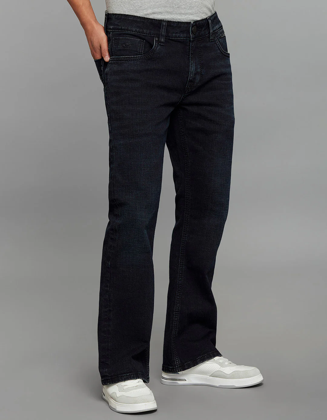 Dark Blue 5 Pocket Mid Rise Cropped length Loose Boot Leg Stretch Jeans - Image 4