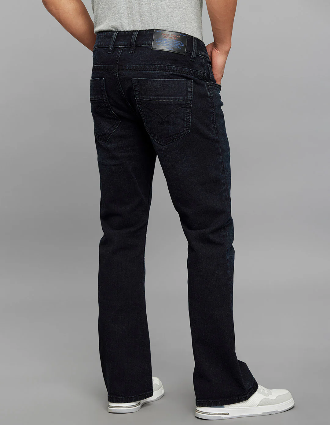 Dark Blue 5 Pocket Mid Rise Cropped length Loose Boot Leg Stretch Jeans - Image 5