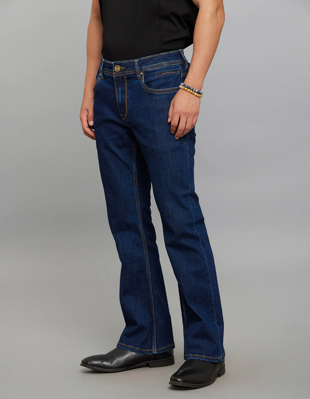 Dark Blue 5 Pocket Mid Rise Cropped length Loose Boot Leg Stretch Jeans - Image 3