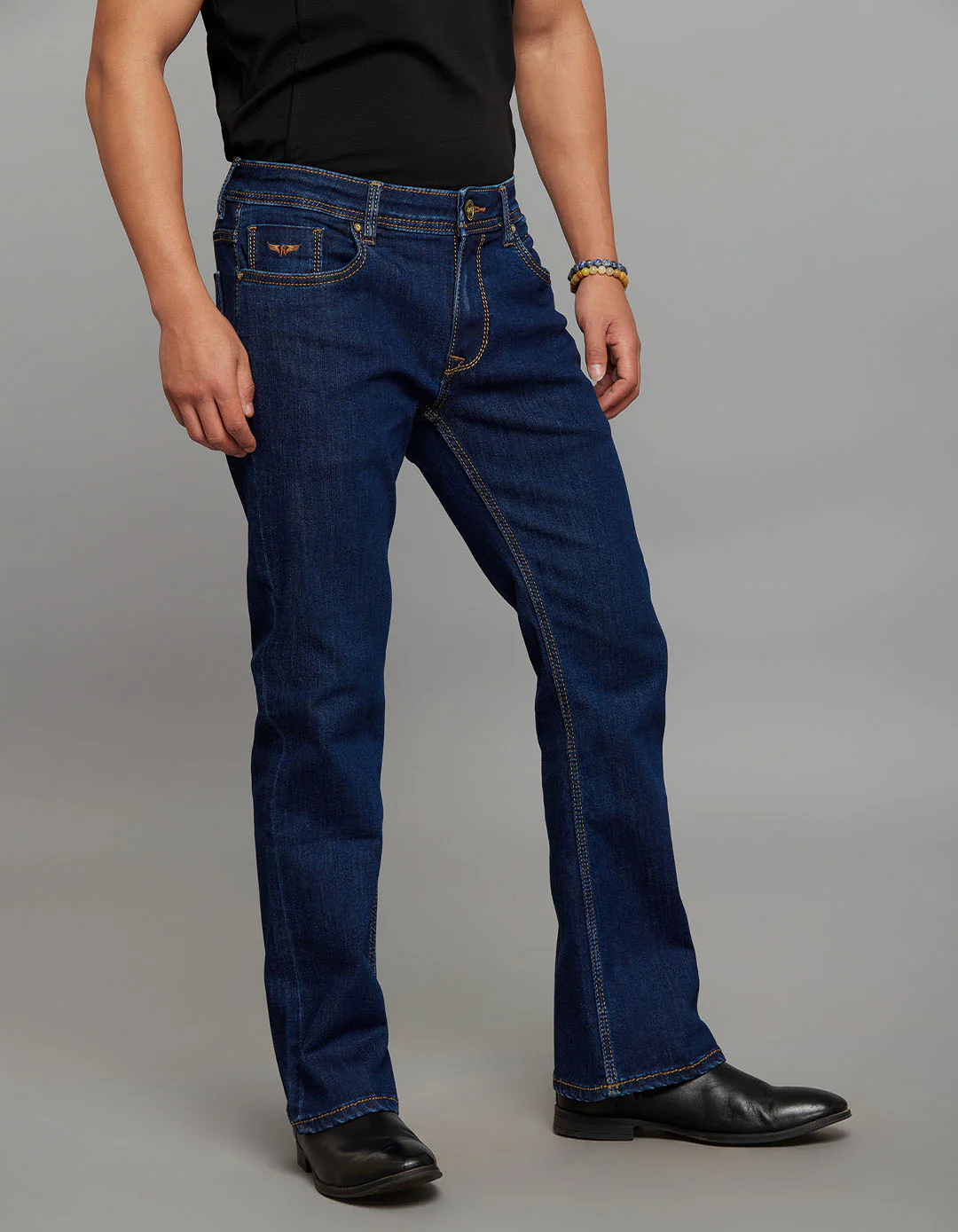 Dark Blue 5 Pocket Mid Rise Cropped length Loose Boot Leg Stretch Jeans - Image 4