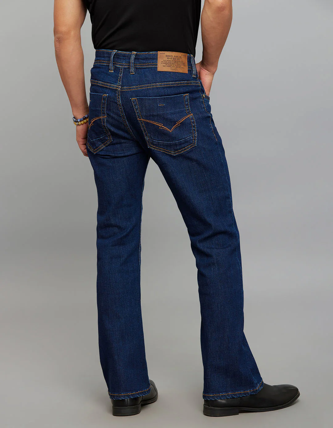 Dark Blue 5 Pocket Mid Rise Cropped length Loose Boot Leg Stretch Jeans - Image 5
