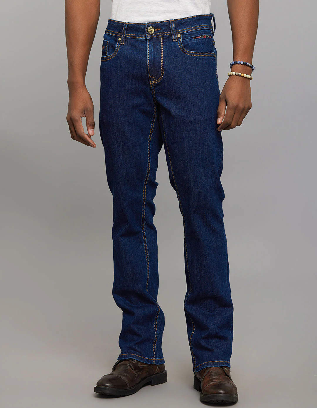 Dark Blue 5 Pocket Mid Rise Loose Boot Leg Stretch Jeans