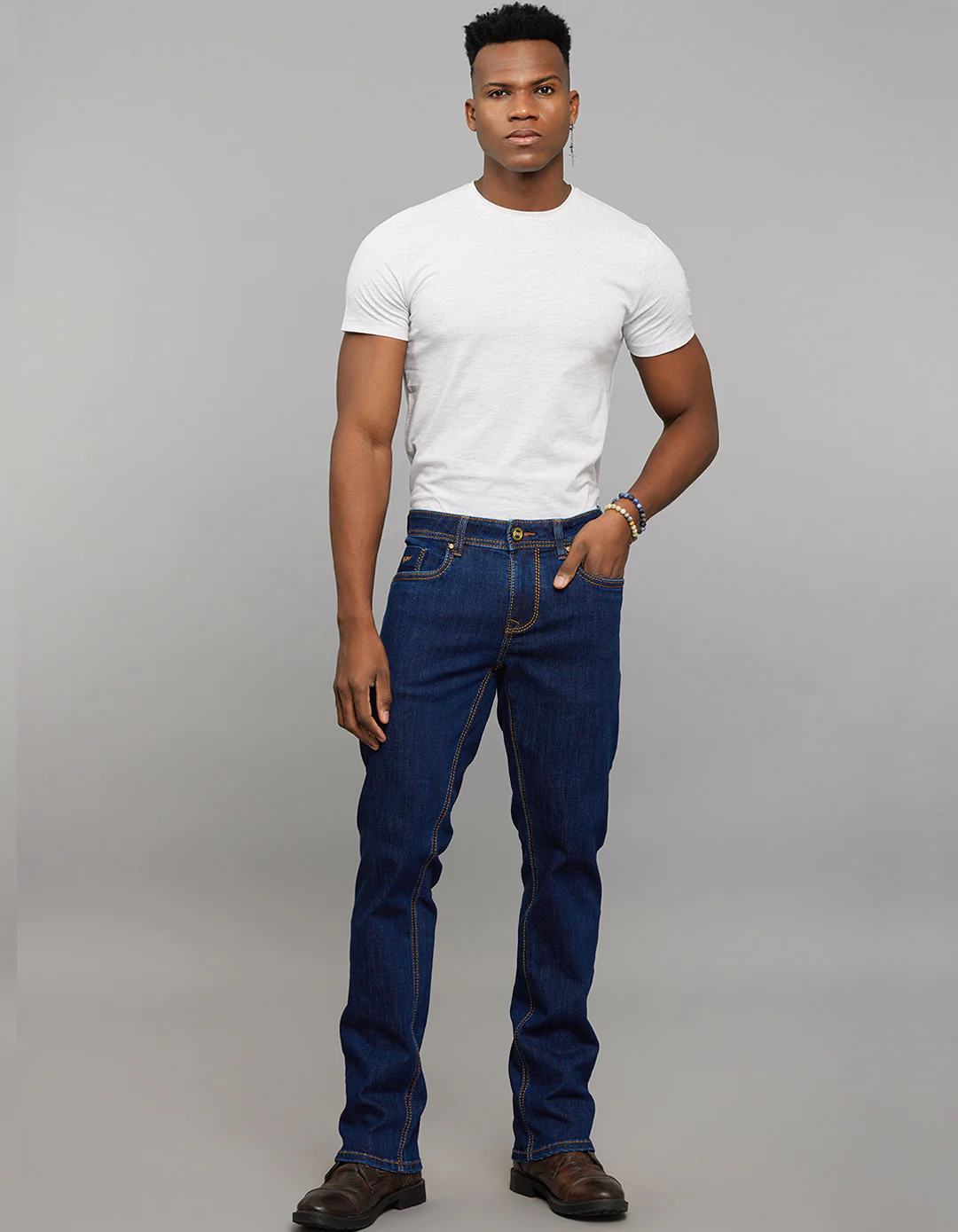 Dark Blue 5 Pocket Mid Rise Loose Boot Leg Stretch Jeans - Image 2