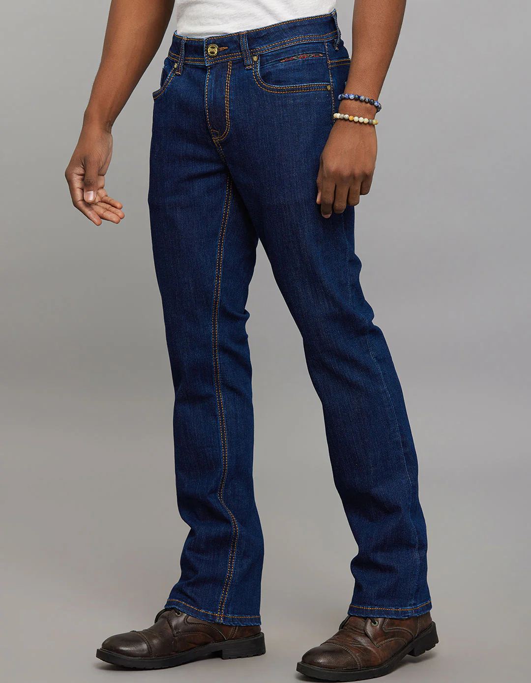 Dark Blue 5 Pocket Mid Rise Loose Boot Leg Stretch Jeans - Image 3