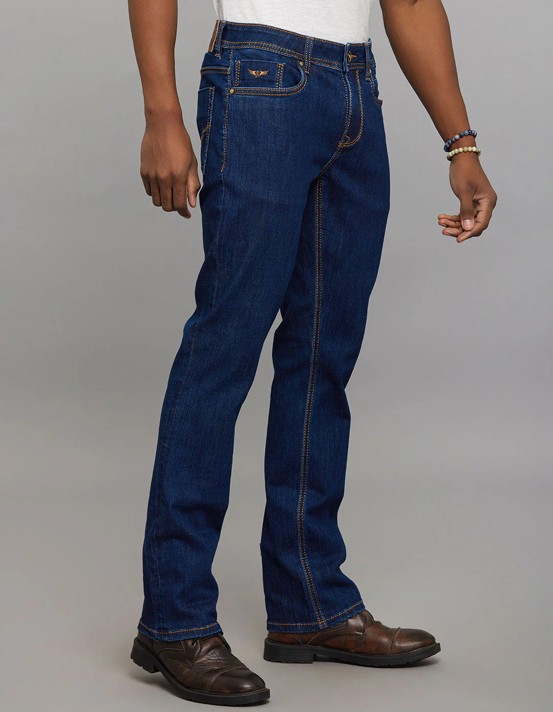 Dark Blue 5 Pocket Mid Rise Loose Boot Leg Stretch Jeans - Image 4