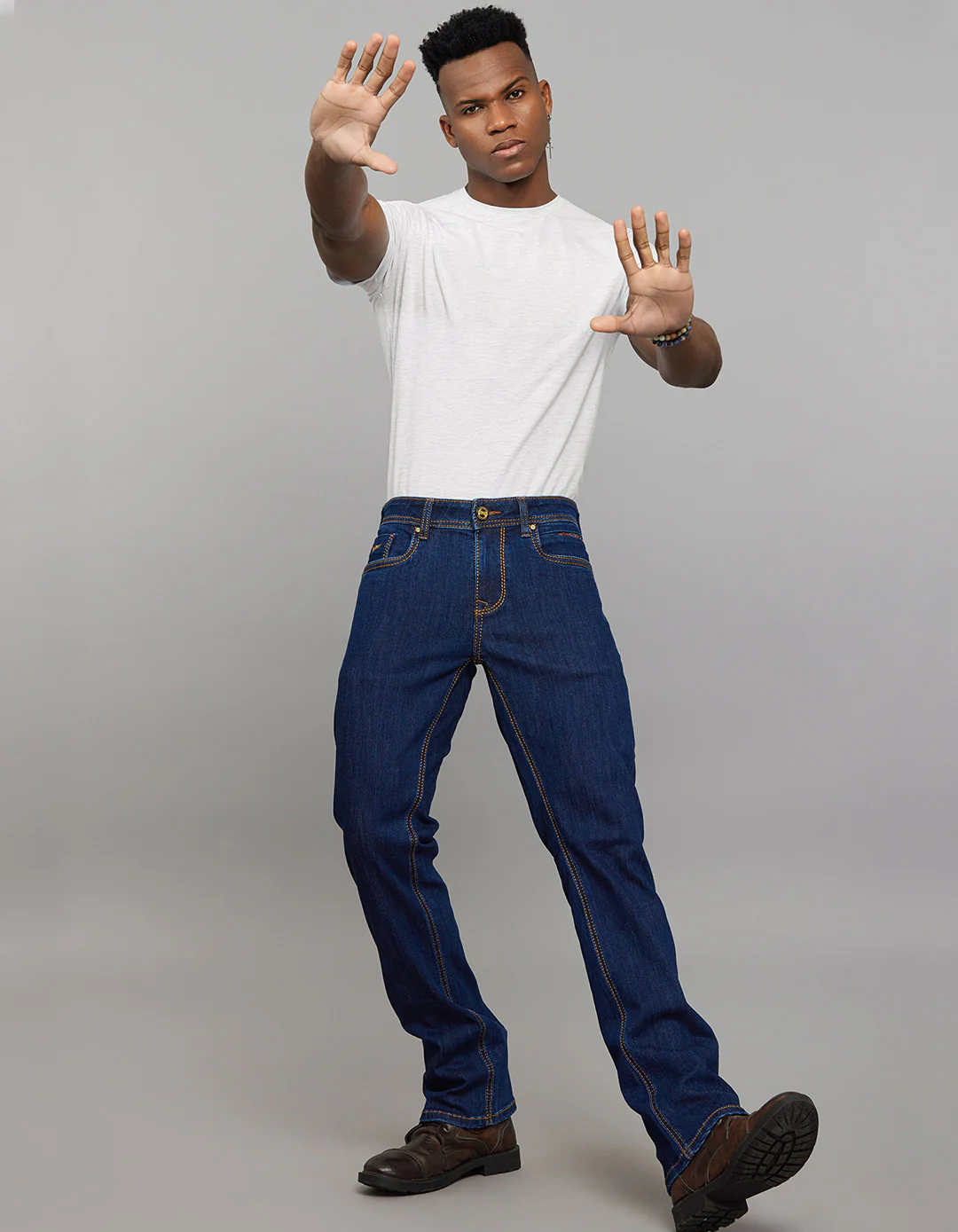 Dark Blue 5 Pocket Mid Rise Loose Boot Leg Stretch Jeans - Image 5
