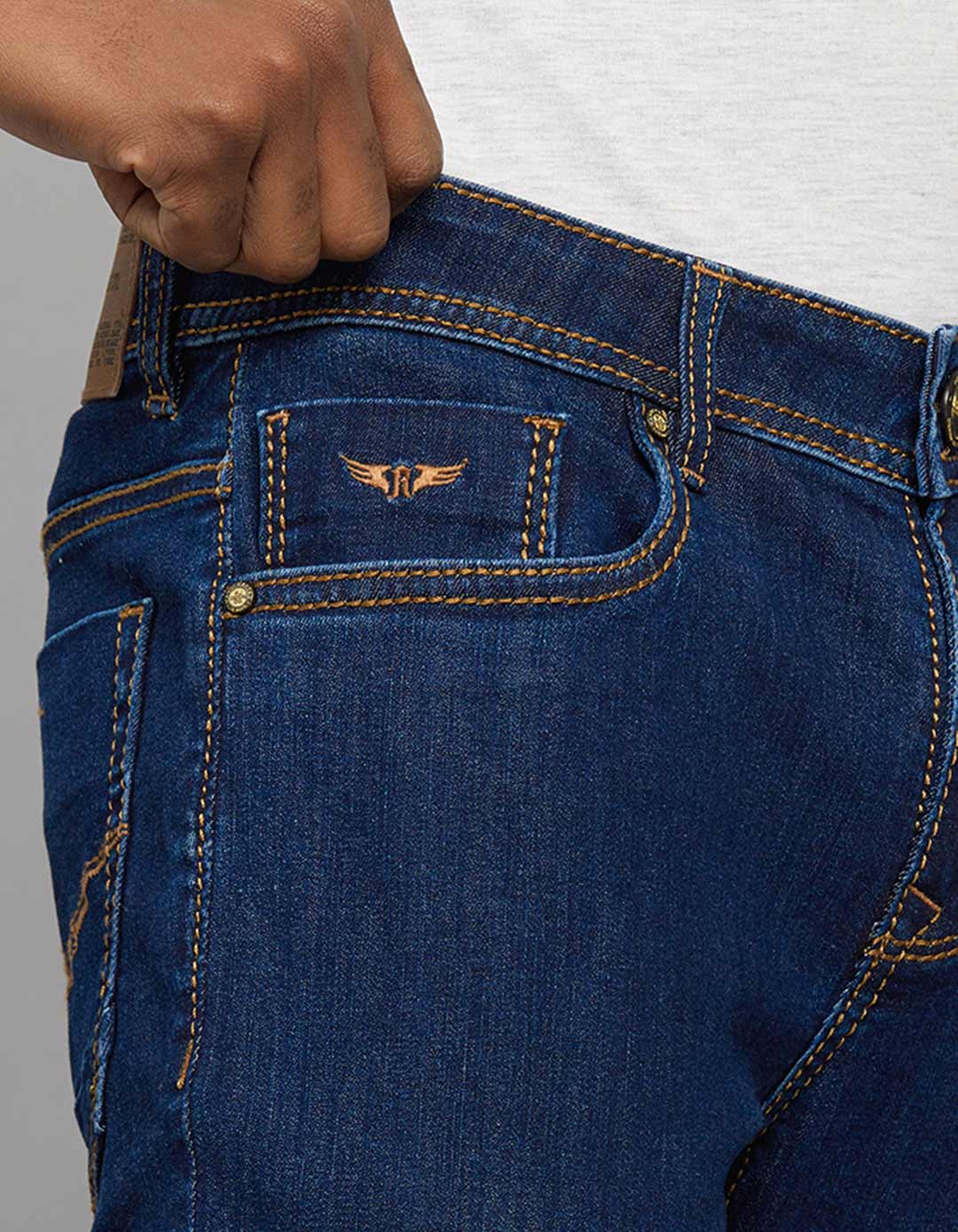 Dark Blue 5 Pocket Mid Rise Loose Boot Leg Stretch Jeans - Image 7