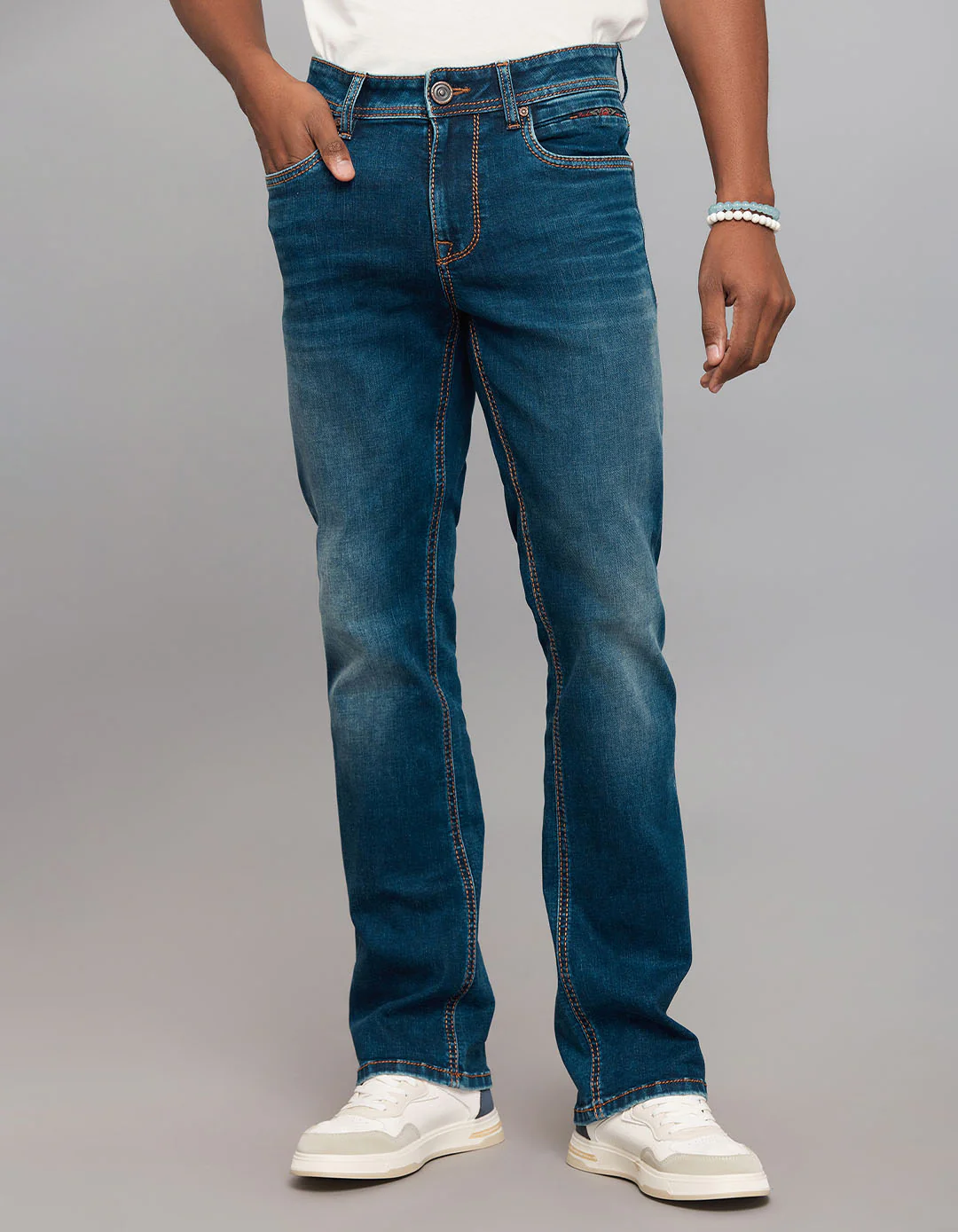 Dark Blue 5 Pocket Mid Rise Loose Boot Leg Stretch Jeans