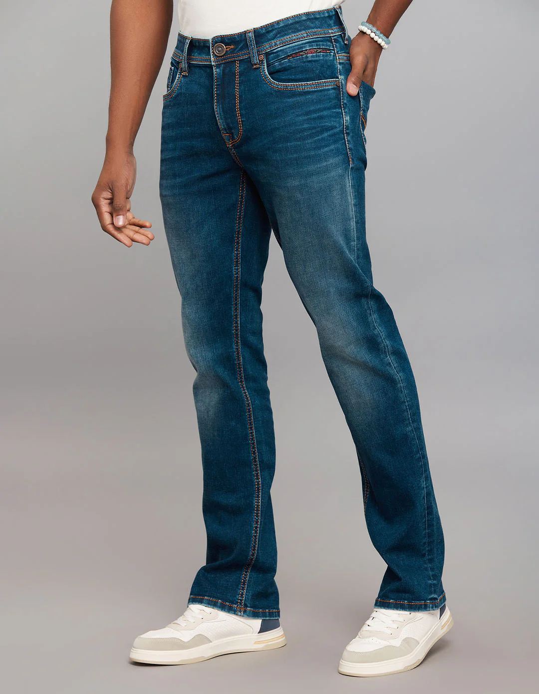 Dark Blue 5 Pocket Mid Rise Loose Boot Leg Stretch Jeans - Image 3