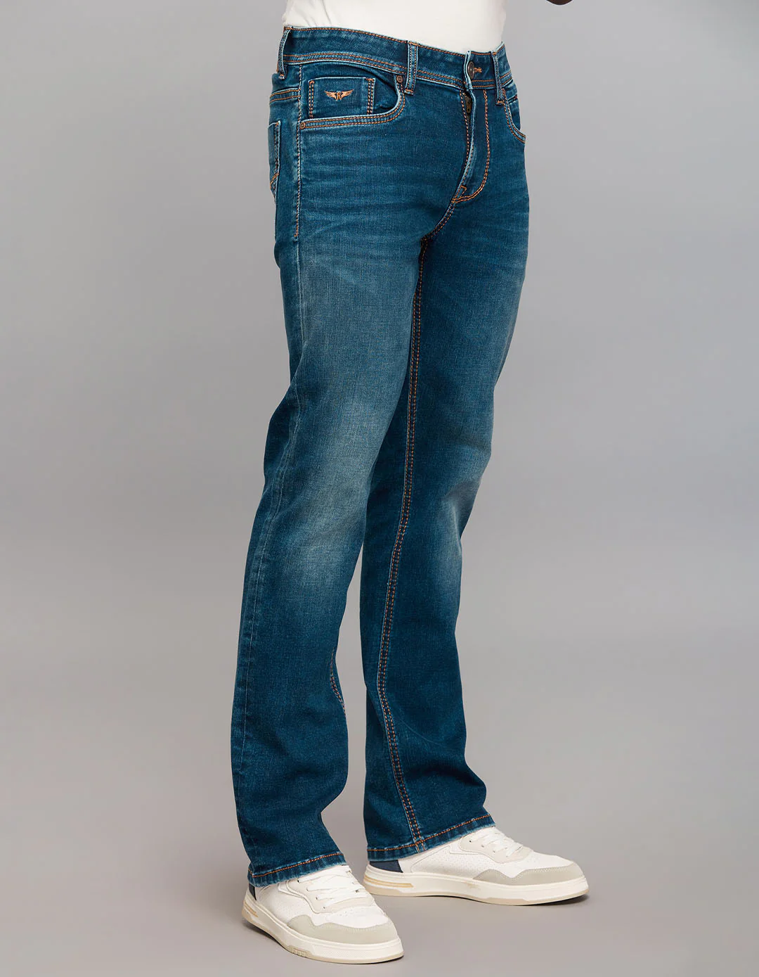 Dark Blue 5 Pocket Mid Rise Loose Boot Leg Stretch Jeans - Image 4