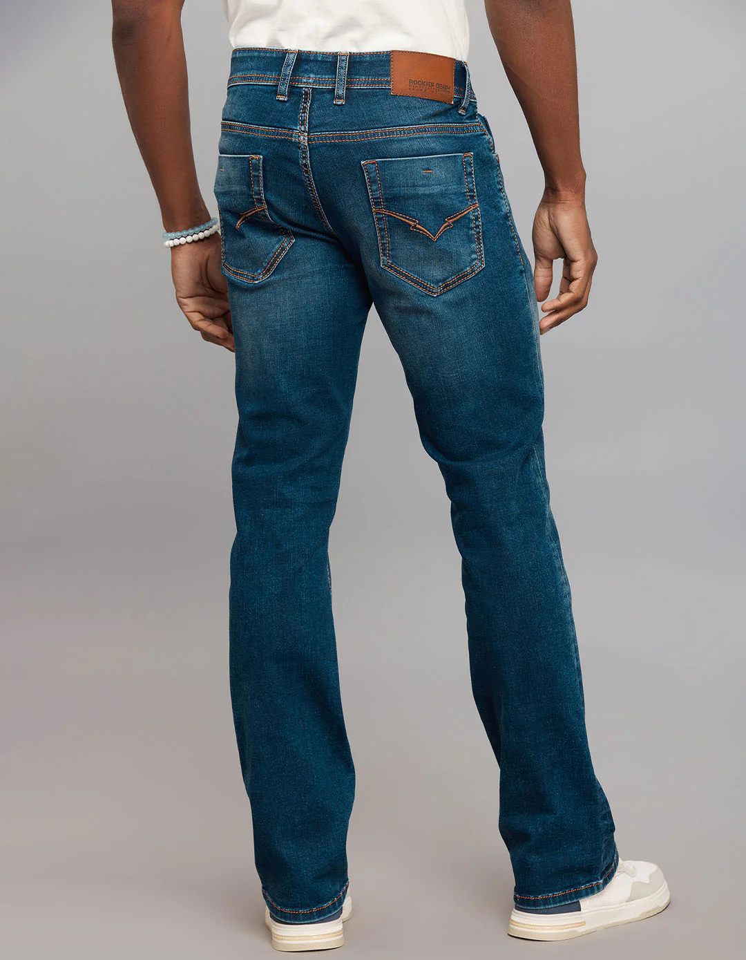 Dark Blue 5 Pocket Mid Rise Loose Boot Leg Stretch Jeans - Image 5