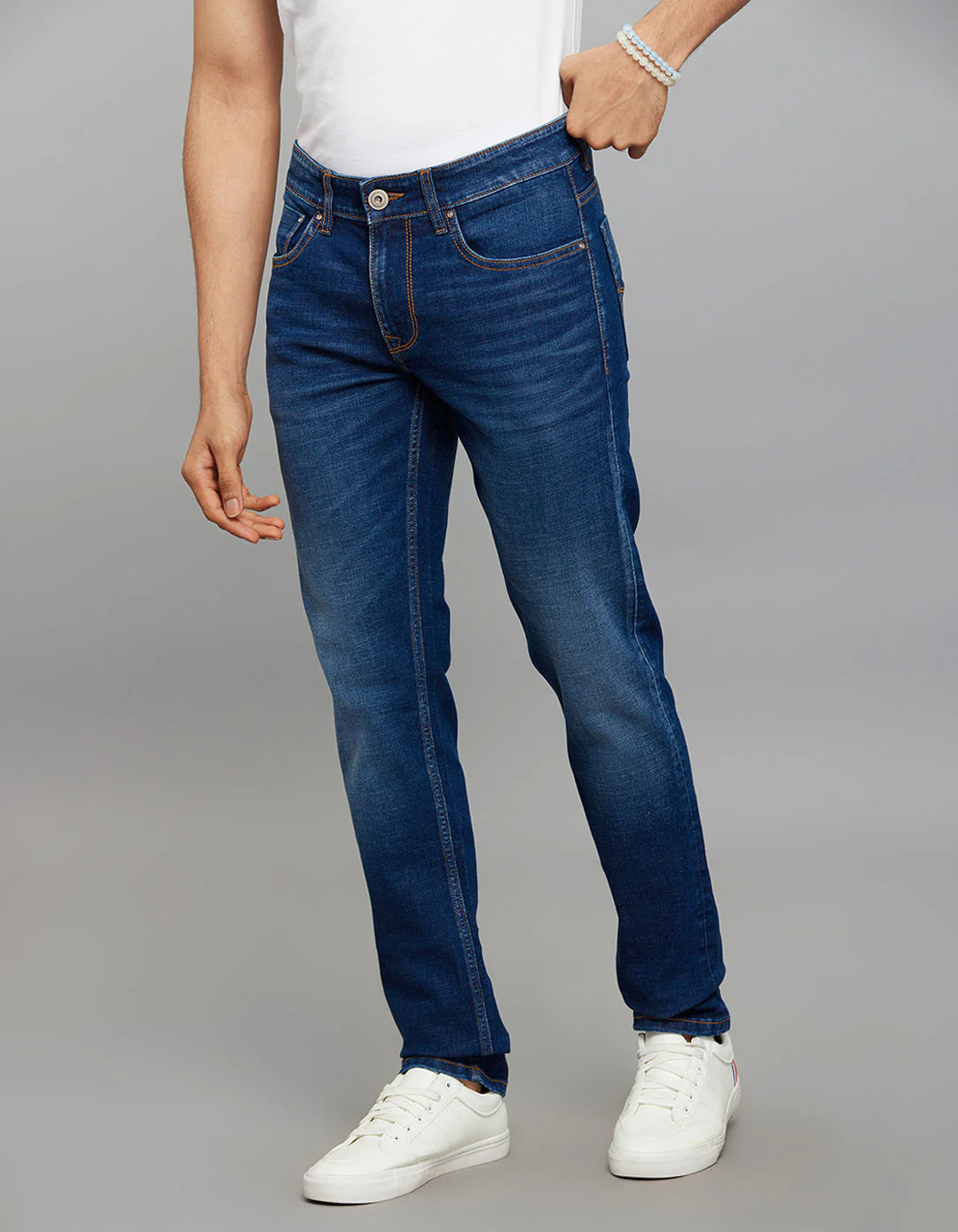 Dark Blue 5 Pocket Mid-Rise Slim Straight Fit Classic Stretch Jeans