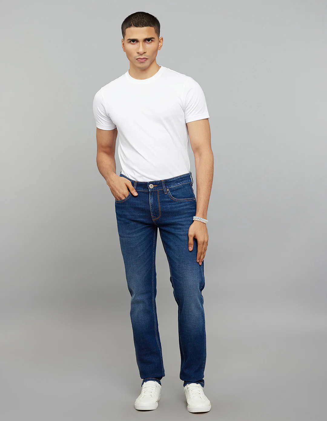 Dark Blue 5 Pocket Mid-Rise Slim Straight Fit Classic Stretch Jeans - Image 2