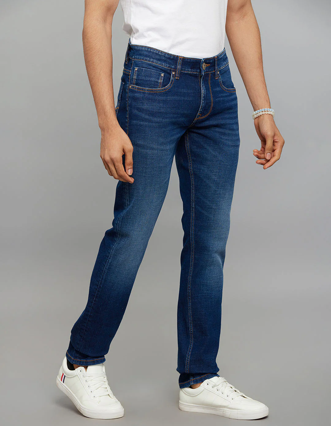 Dark Blue 5 Pocket Mid-Rise Slim Straight Fit Classic Stretch Jeans - Image 3