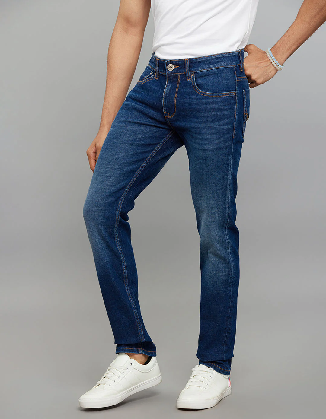 Dark Blue 5 Pocket Mid-Rise Slim Straight Fit Classic Stretch Jeans - Image 4