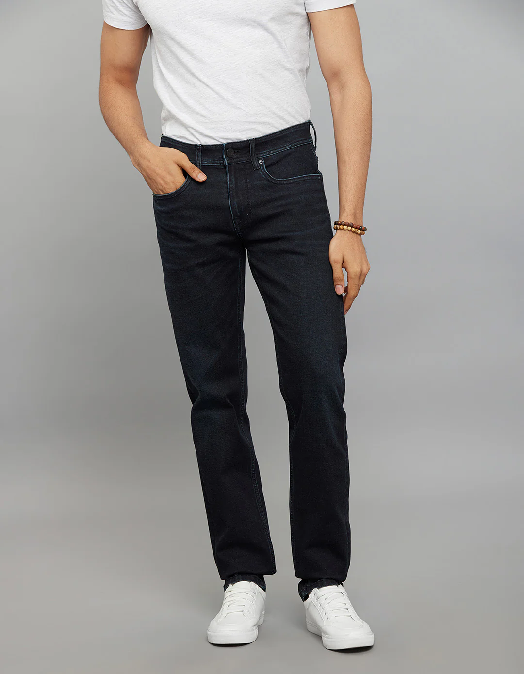 Dark Blue 5 Pocket Mid-Rise Slim Straight Fit Classic Stretch Jeans