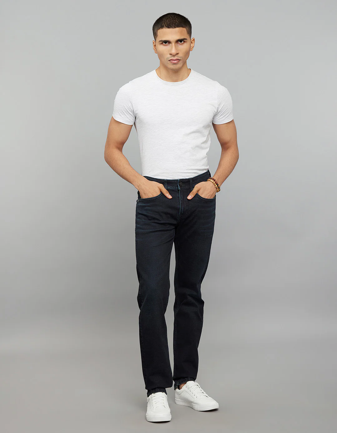 Dark Blue 5 Pocket Mid-Rise Slim Straight Fit Classic Stretch Jeans - Image 2