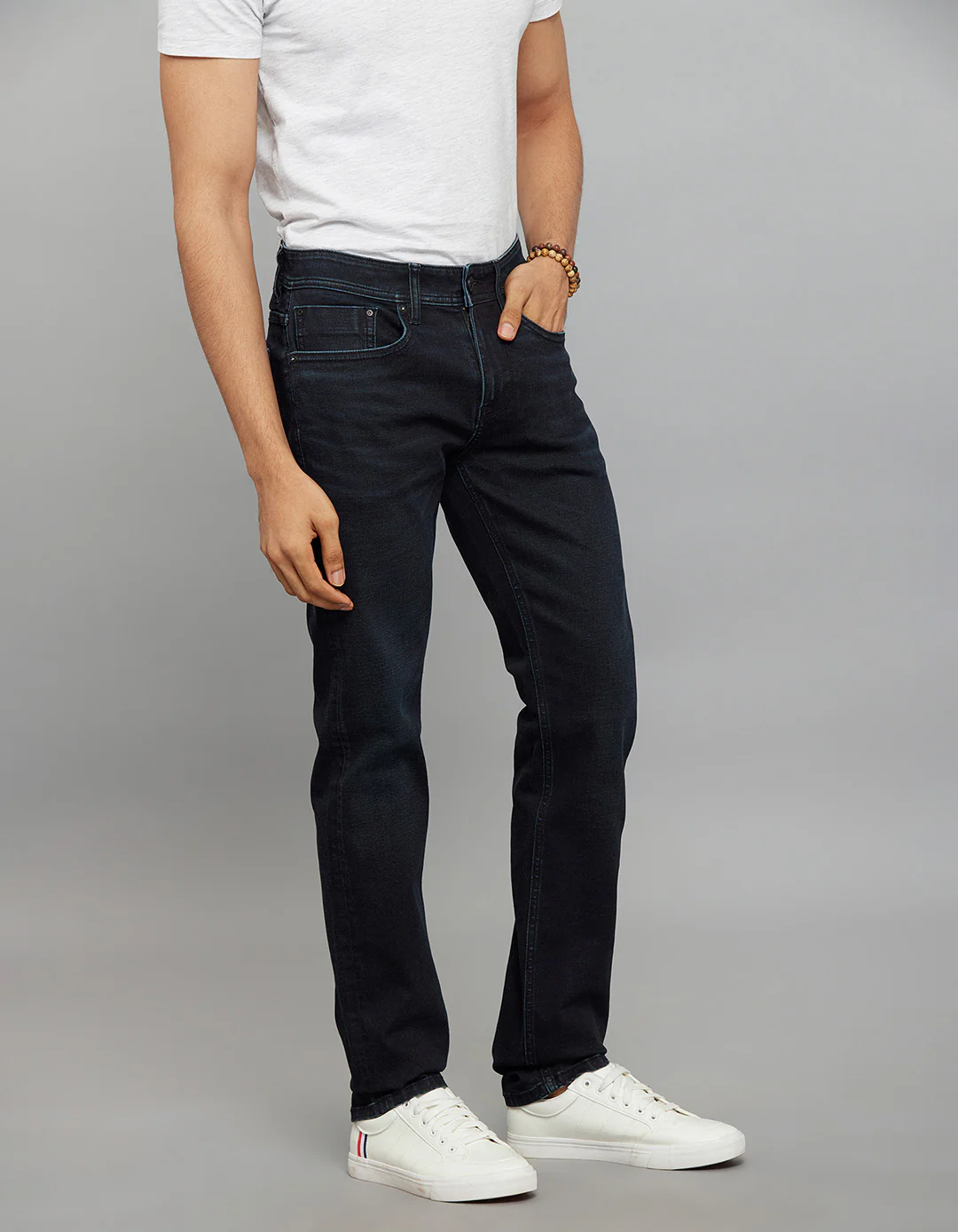 Dark Blue 5 Pocket Mid-Rise Slim Straight Fit Classic Stretch Jeans - Image 3