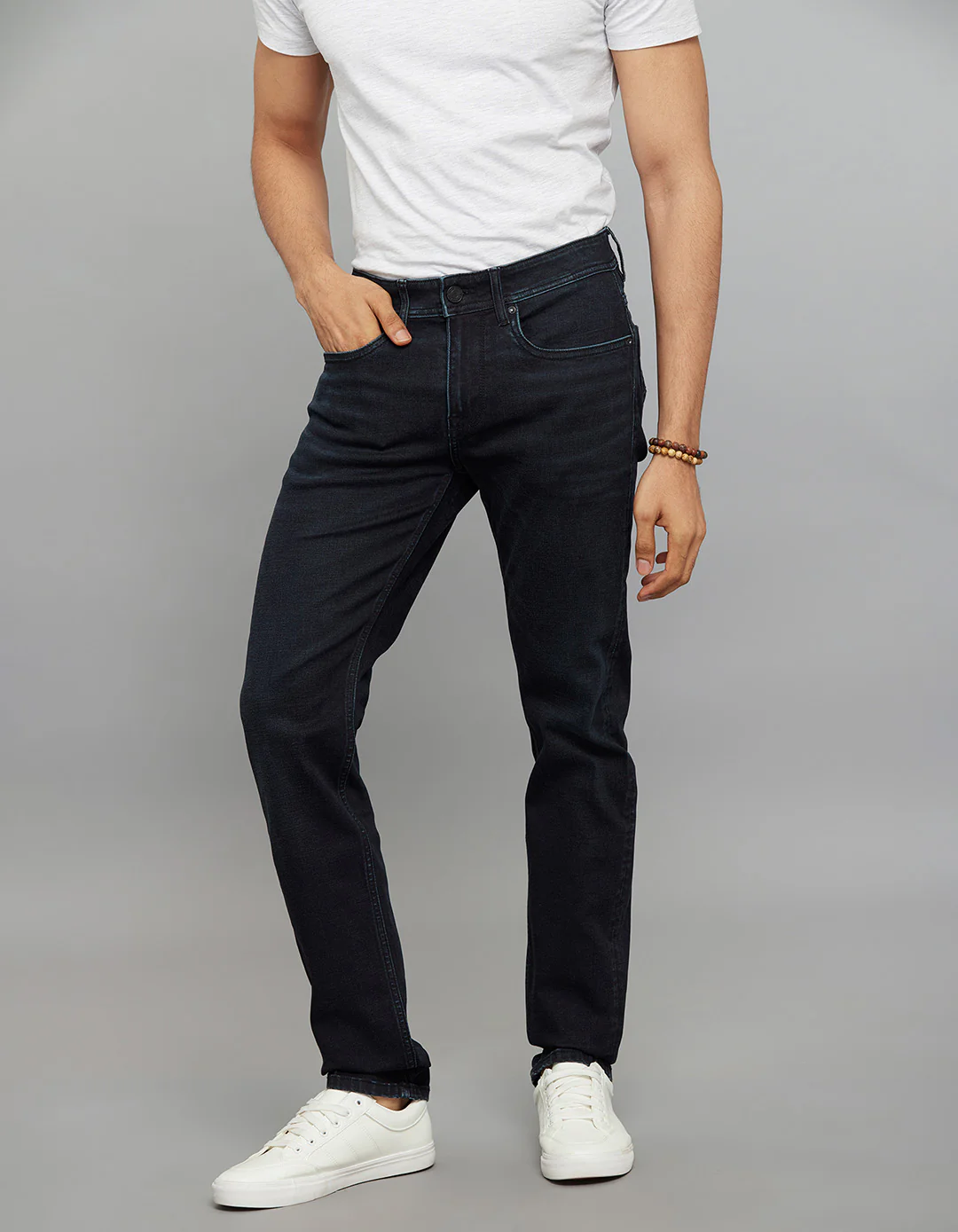 Dark Blue 5 Pocket Mid-Rise Slim Straight Fit Classic Stretch Jeans - Image 4