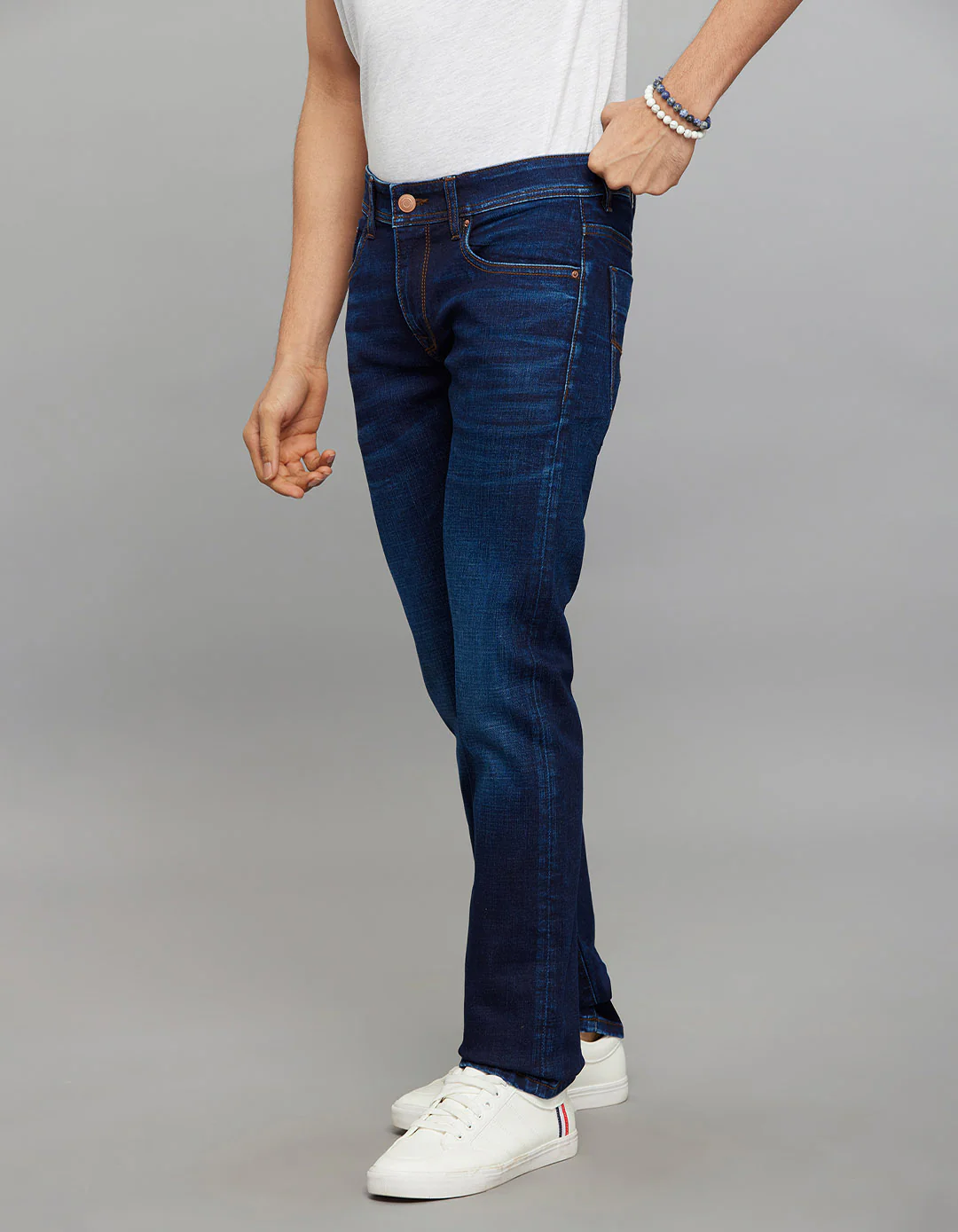 Dark Blue 5 Pocket Mid-Rise Slim Straight Fit Classic Stretch Jeans - Image 4