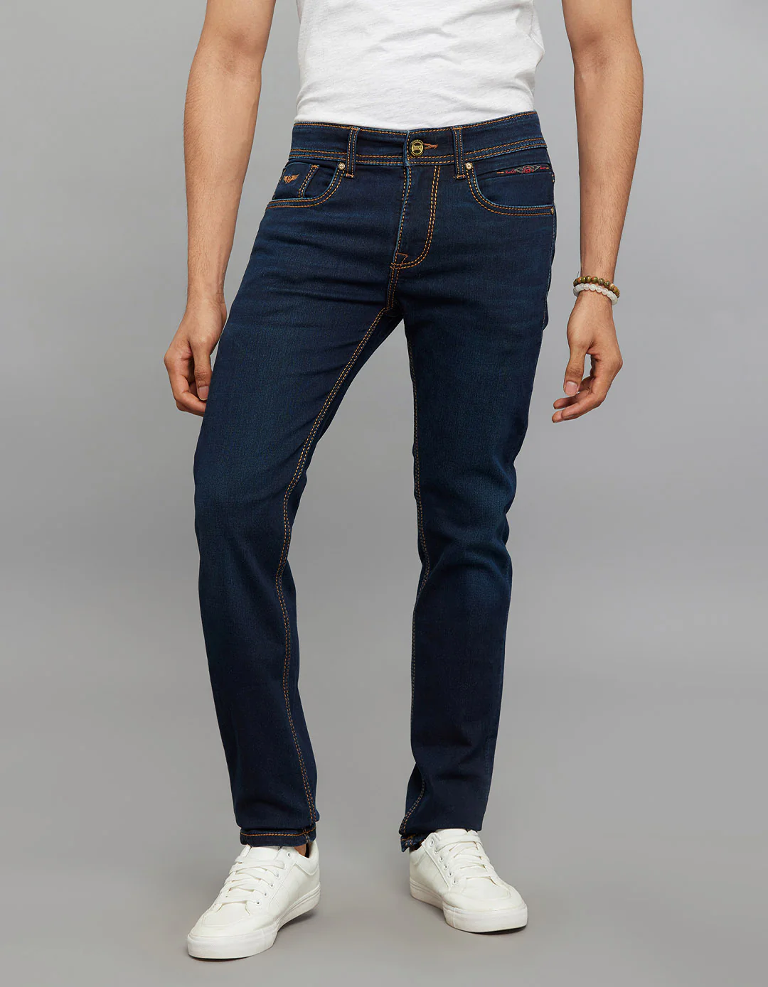 Dark Blue 5 Pocket Mid-Rise Slim Straight Fit Knit Jeans