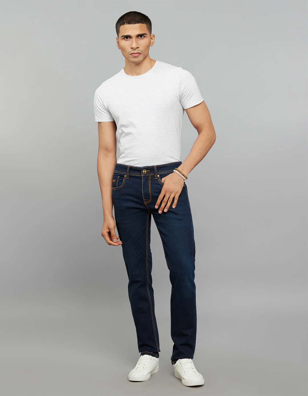 Dark Blue 5 Pocket Mid-Rise Slim Straight Fit Knit Jeans - Image 2
