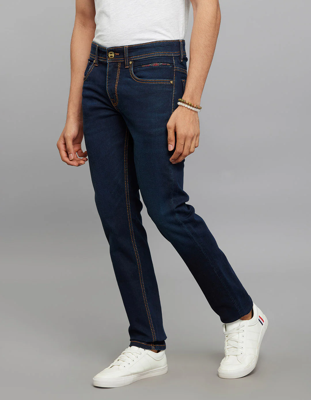 Dark Blue 5 Pocket Mid-Rise Slim Straight Fit Stretch Knit Jeans - Image 3